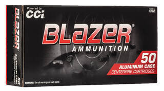 CCI Blazer aluminum case 9mm 100 gr flat nose ammunition, box of 50 rounds.
